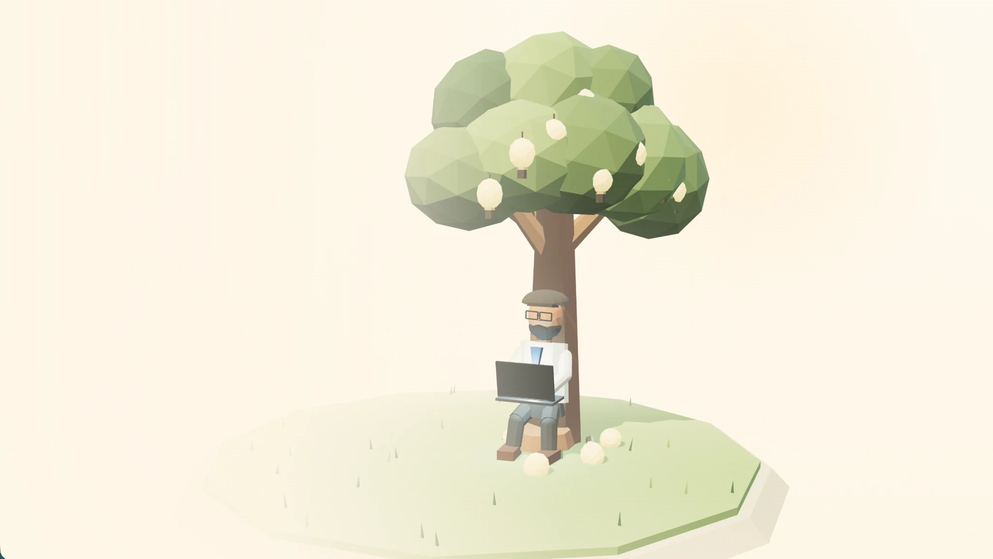 Low-poly illustration of Zubair working under a tree growing lightbulbs